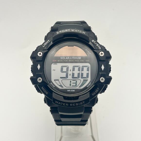 Men's Solar Digital Watch Black 52mm Stainless Steel Working - Picture 1 of 8